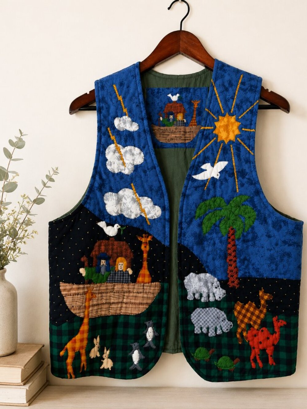 Handmade Noah's Ark Quilted Vest Womens Folk Art Applique Cottage Prairie Vest